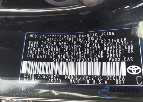 2022 Toyota Corolla Le from USA, damaged, VIN 5YFEPMAE7NP357319